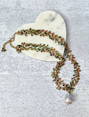 Tourmaline and Baroque Pearl Gold Necklace