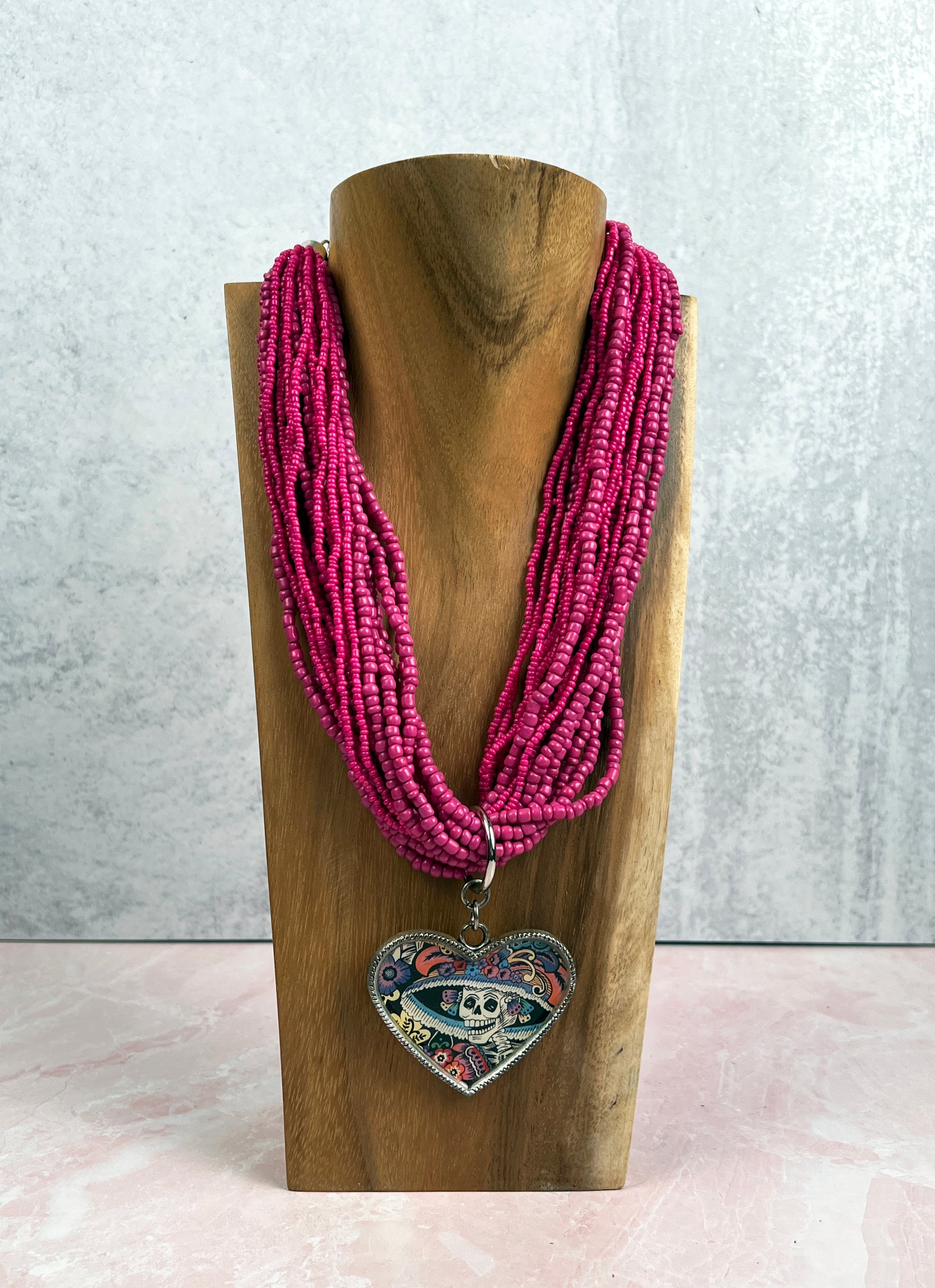 Dia de los Muertos 'La Catrina' Pink Seed Bead Necklace