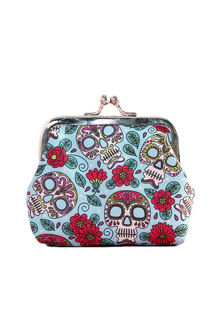 Bright Blue Dia de los Muertos Sugar Skull Coin Purse