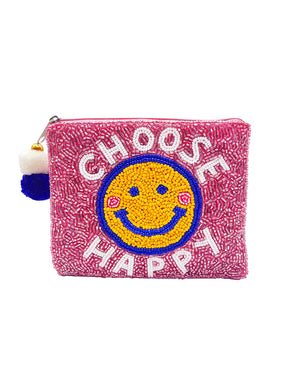 Choose Happy Smiley Face Glass Beaded Zipper Pouch