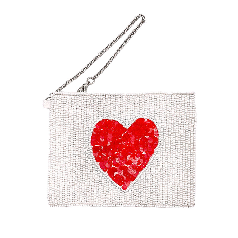 Red Glass Beaded Heart Zipper Pouch