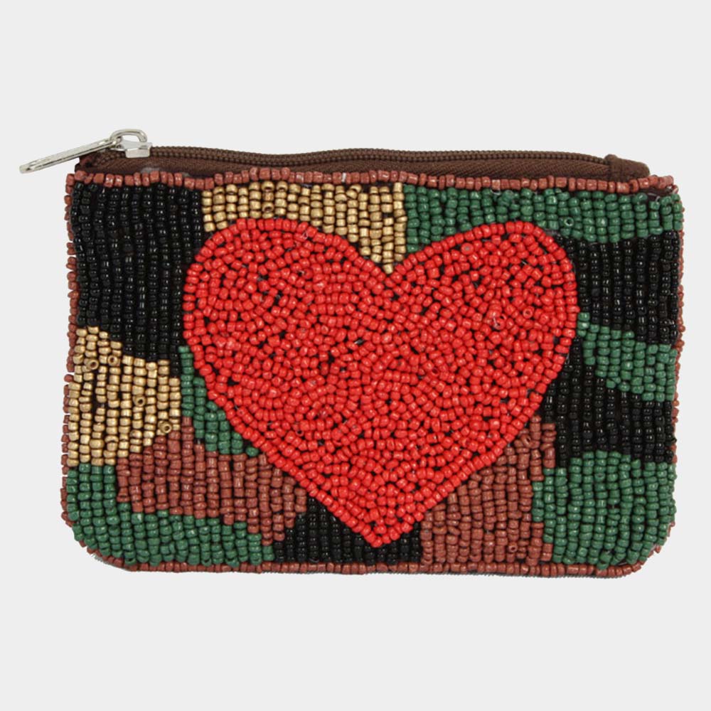 Heart and Camouflage Glass Beaded Zipper Pouch