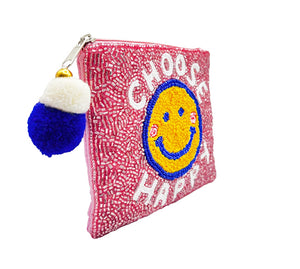 Choose Happy Smiley Face Glass Beaded Zipper Pouch
