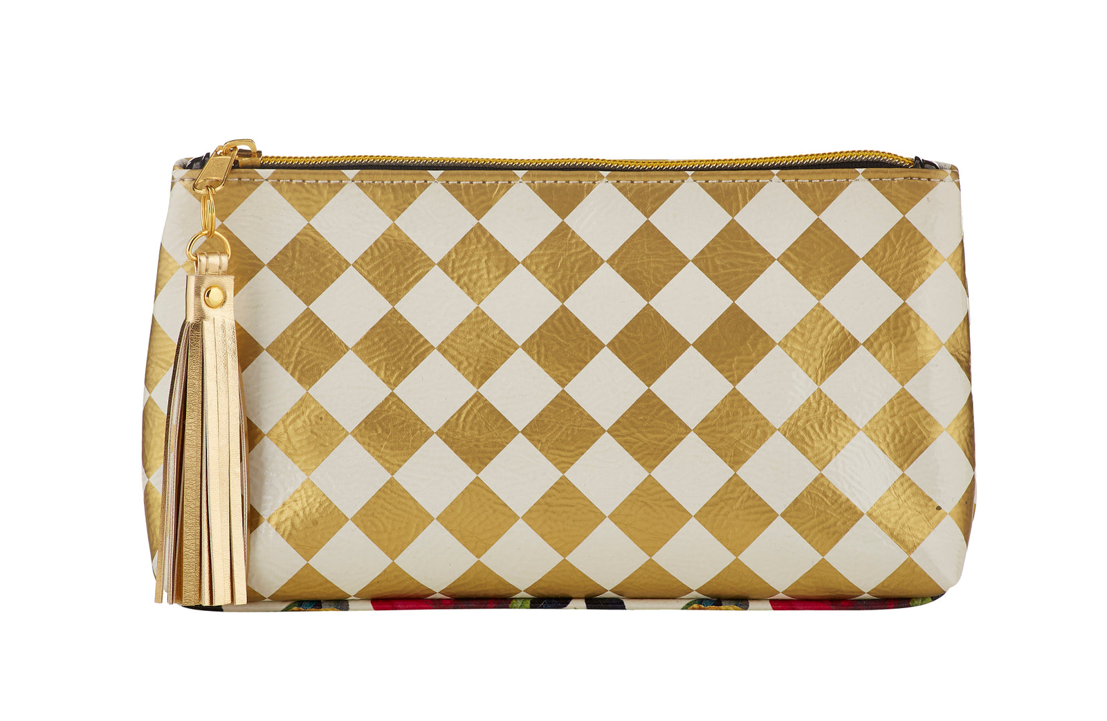 Gold Harlequin Pattern Oil Cloth Zipper Pouch