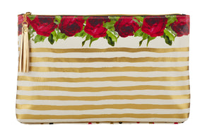 Roses & Gold Stripes Oil Cloth Large Zipper Pouch