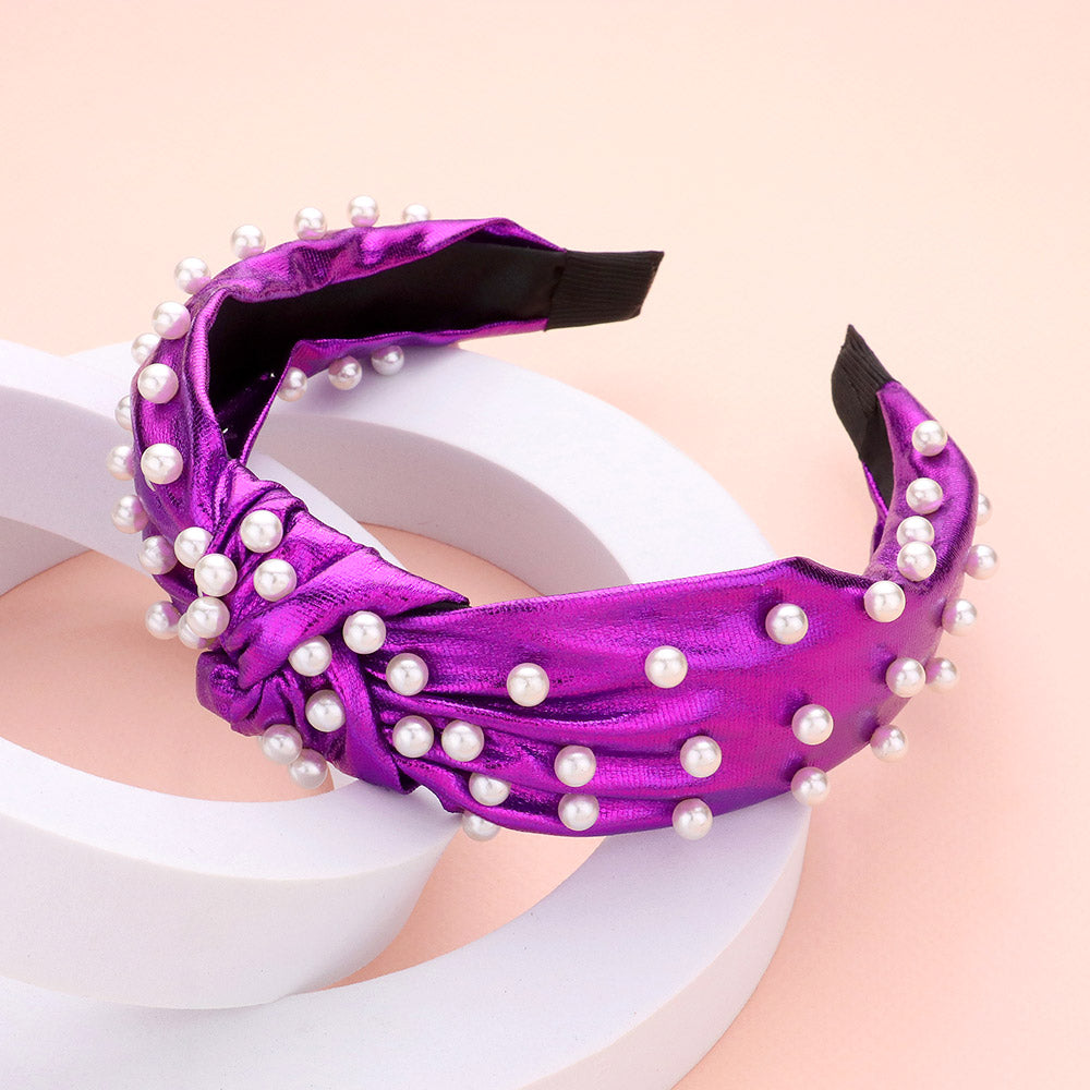 Metallic Fabric Knot and Faux Pearl Headband